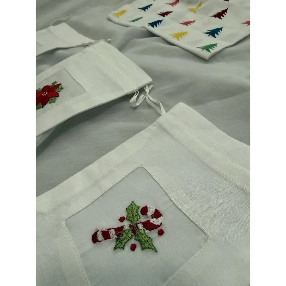 Lot of 6 NEW Christmas Linens Towels Gift Bags Embroidered Trees Poinsetta‎